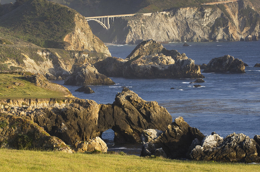 Classic view of the rugged coastal headlands of Big Sur and the Bixby Bridge, California.