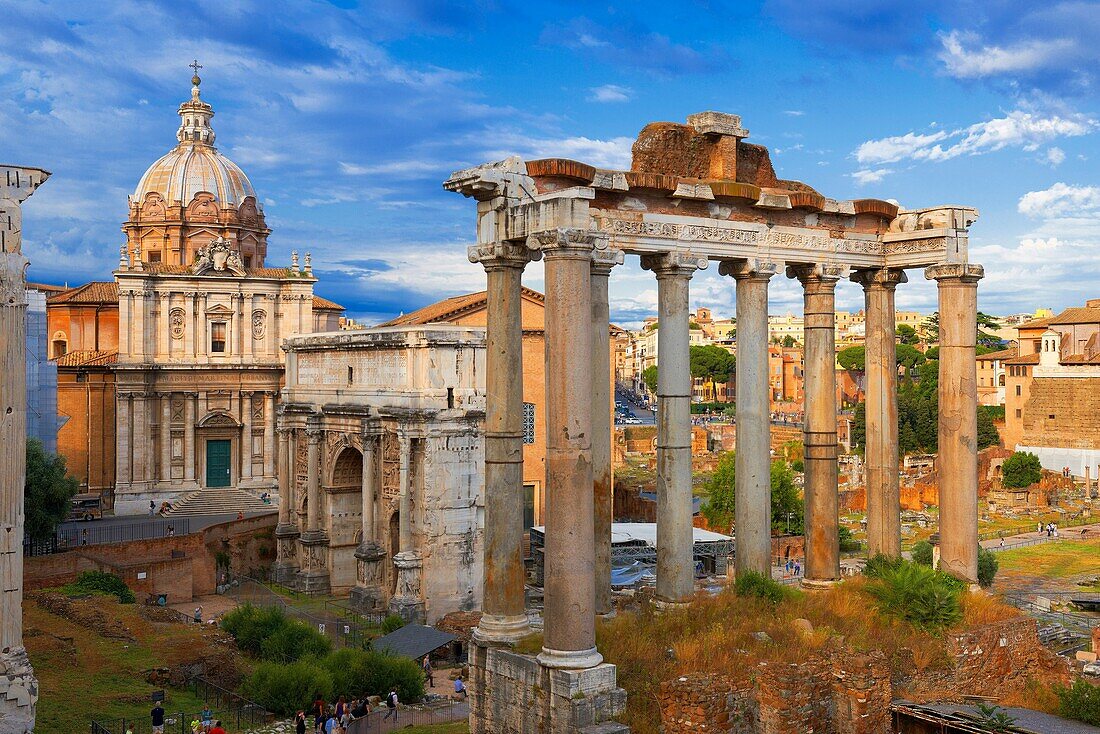 Temple of Saturn, Septimius Severus Arch, Santi Luca e MartinaChurch, Roman Forum, Rome, Lazio, Italy, Europe.