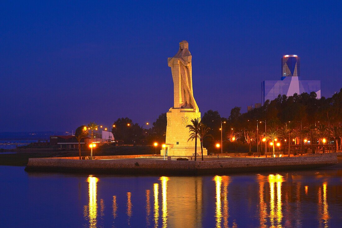 Huelva, Monument to Christopher Columbus at Dusk, Punta del Sebo, Andalusia, Spain.