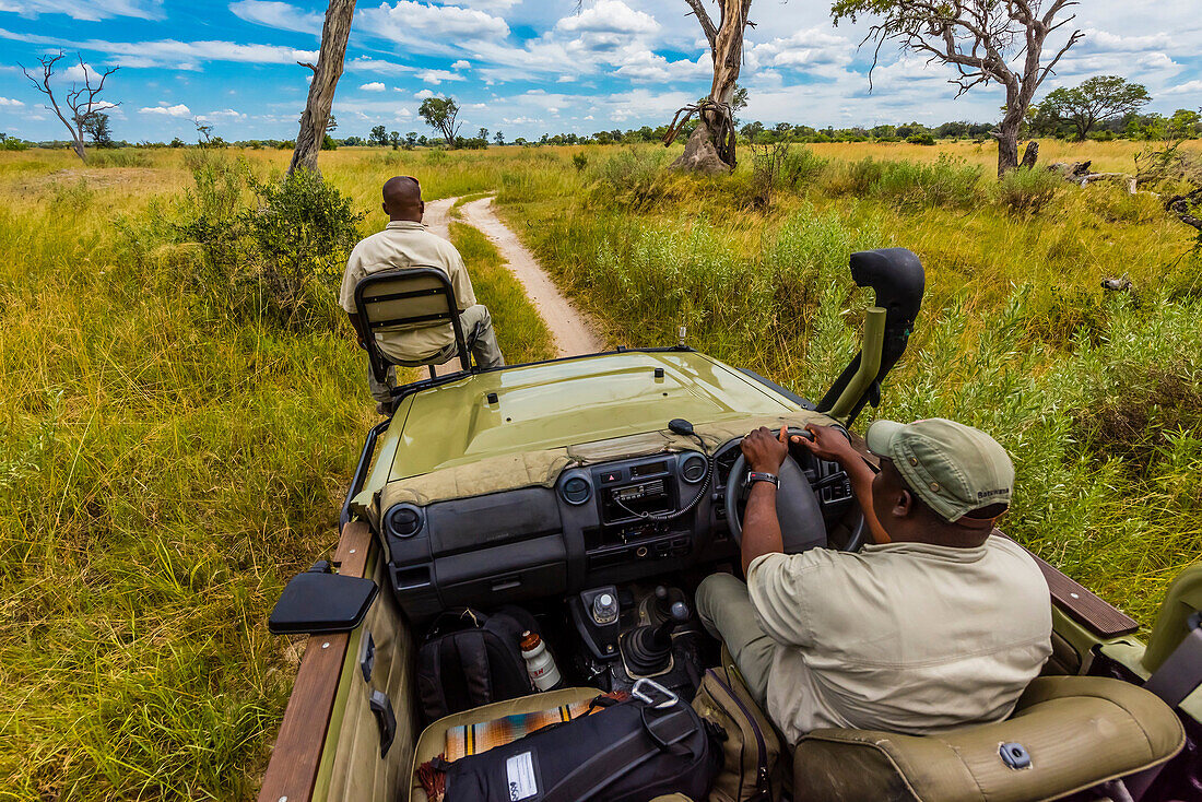 Safari vehicle, Kwara Camp, Okavango Delta, Botswana.