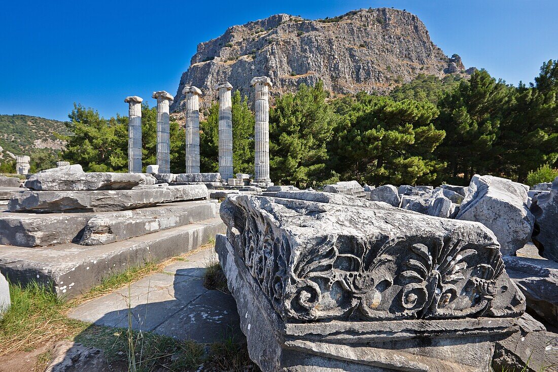 Ruins of the Temple of Athena in the ancient city of Priene. Aydin Province, Turkey.