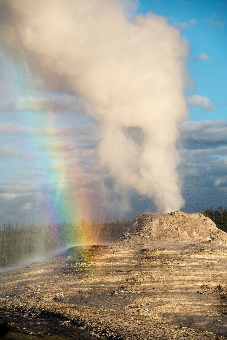 Rainbow seen in the spray from Lion Geyser in the Upper Geyser Basin, Yellowstone National Park.