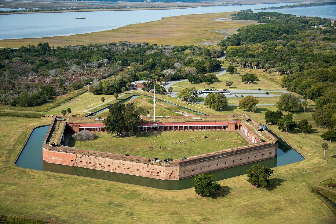 Aerial view of Fort Pulaski National Monument, a civil war landmark in Savannah, Georgia, USA.