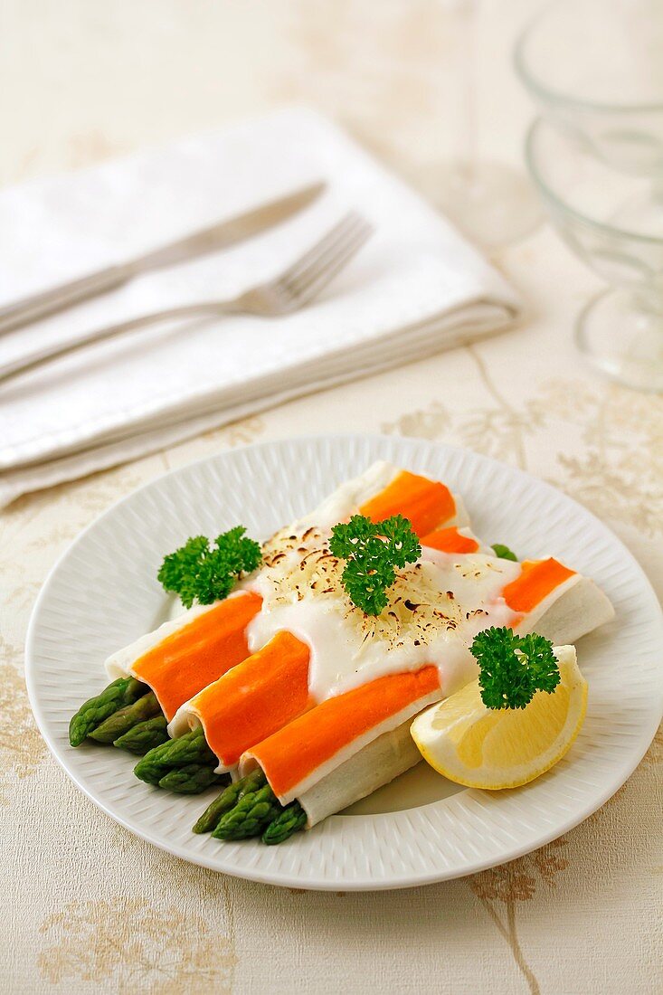 Crab rolls with wild asparagus.