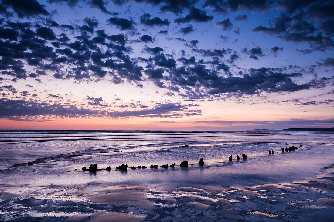 Westward Ho! shipwreck exposed at low tide, North Devon, England. Thought to date from the 1700s.