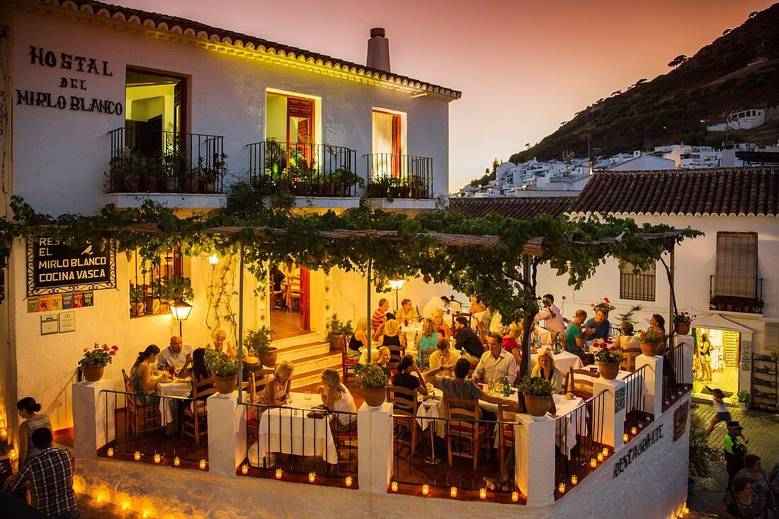 El Mirlo Blanco restaurant, Mijas white village, Malaga province, Costa del Sol, Andalusia, Spain