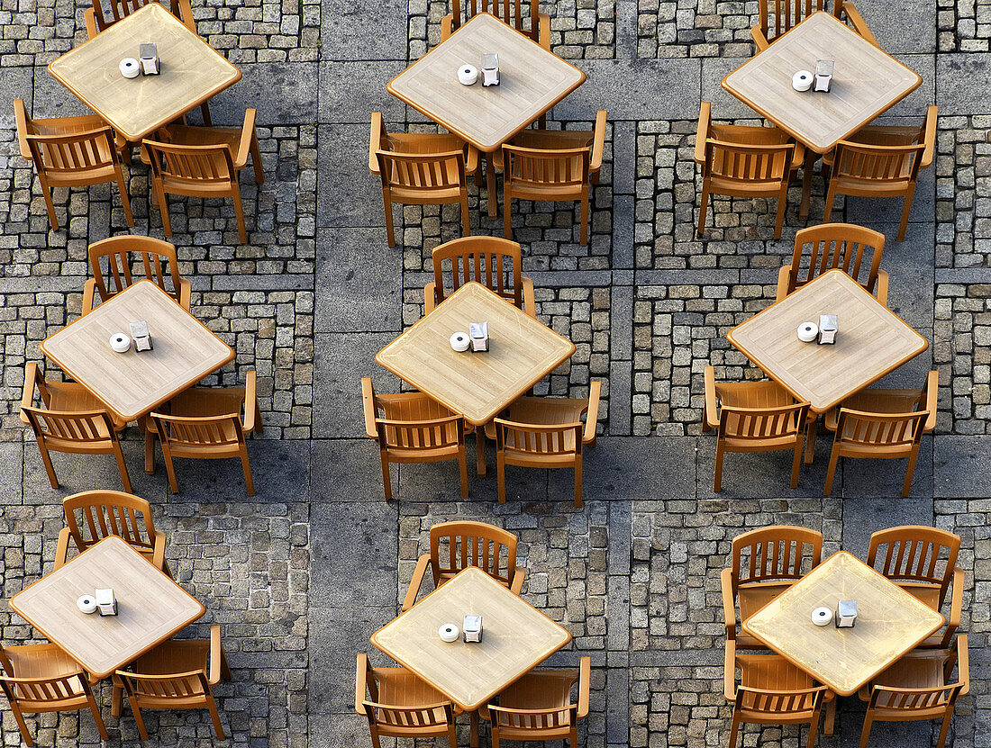 Nine outside coffe tables, view from above, Cathedral square, Cadiz, Andalusia, Spain