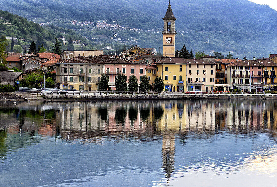 early morning in Porlezza - town on Lake Lugano at sunset, Province of Como, Lombardy, Italy.