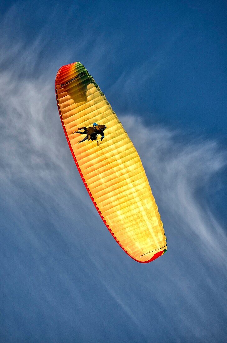 tandem paragliding flight seen from below.