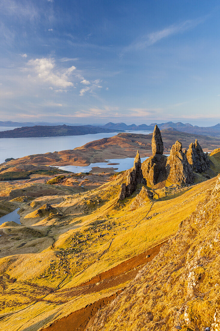 The Old Man of Storr, overlooking Loch Leathan and Sound of Raasay, Isle of Skye, Inner Hebrides, Scotland, UK, Europe.