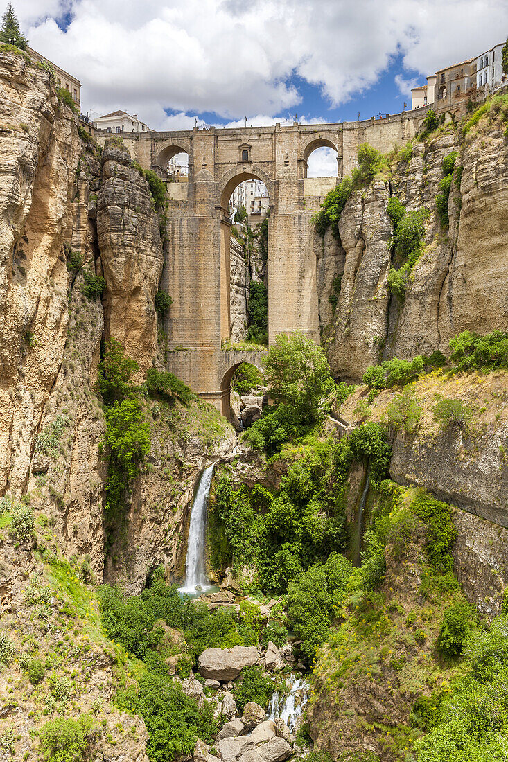 The Puente Nuevo bridge over Guadalevín River in El Tajo gorge, Ronda, Malaga province, Andalusia, Spain, Europe.