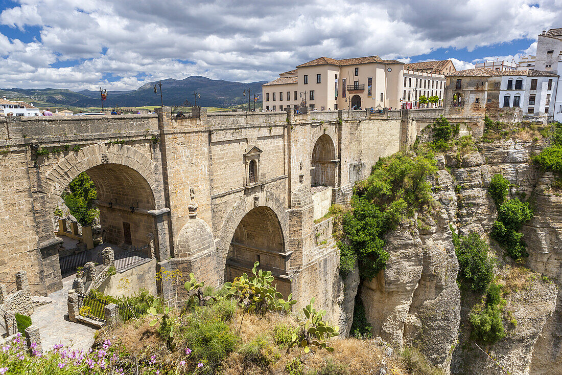 The Puente Nuevo bridge over Guadalevín River in El Tajo gorge, Ronda, Malaga province, Andalusia, Spain, Europe.