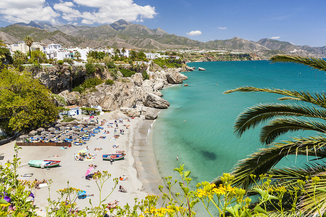 View of Playa Calahonda from the Balcon de Europa (Balcony of Europe), Nerja, Costa del Sol, Malaga province, Andalusia, Spain, Europe.