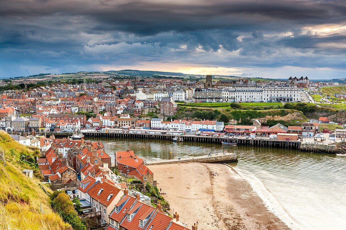 View of Whitby harbour and town, North Yorkshire, England, United Kingdom, Europe.