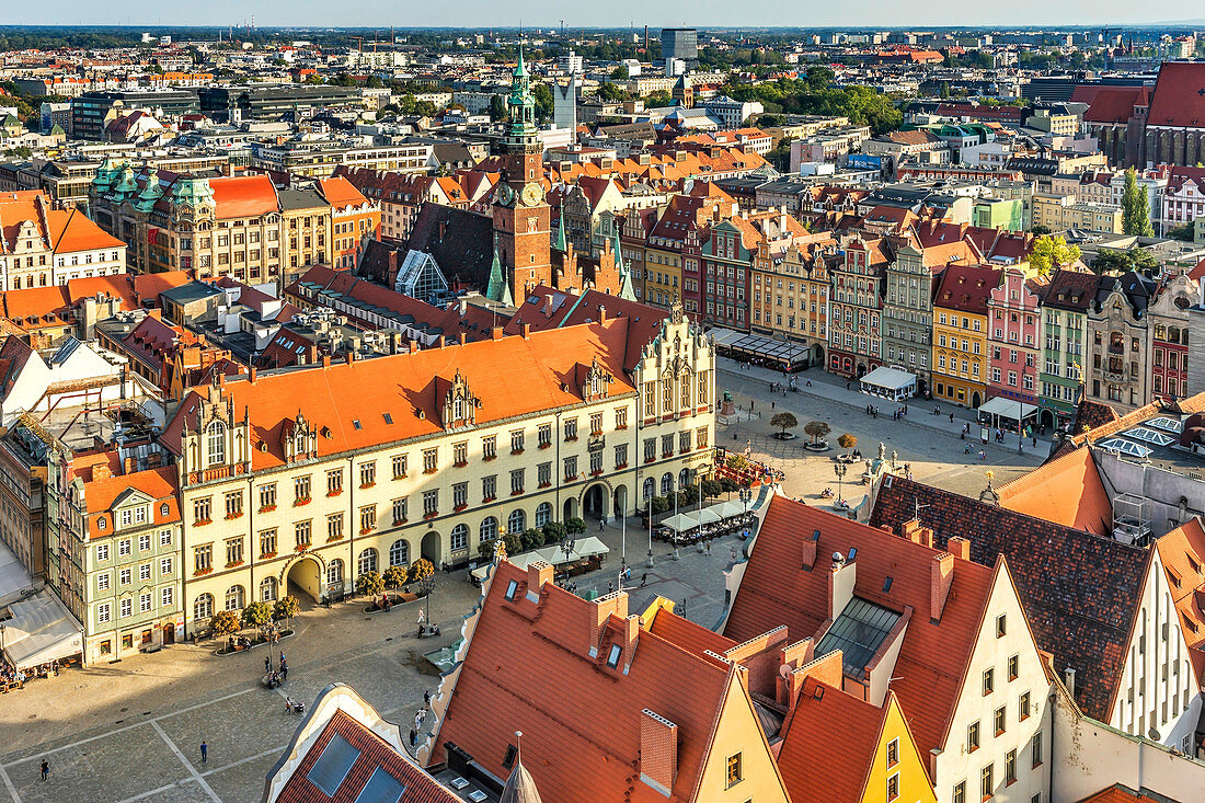 View from the tower of the St. Elizabeth Church on the Rynek marketplace and to the Wroclaw Old Town Hall. The Gothic building is one of the main landmarks of the city. It was built in the 13th century, Rynek, Wroclaw, Voivodeship Lower Silesian, Poland, 