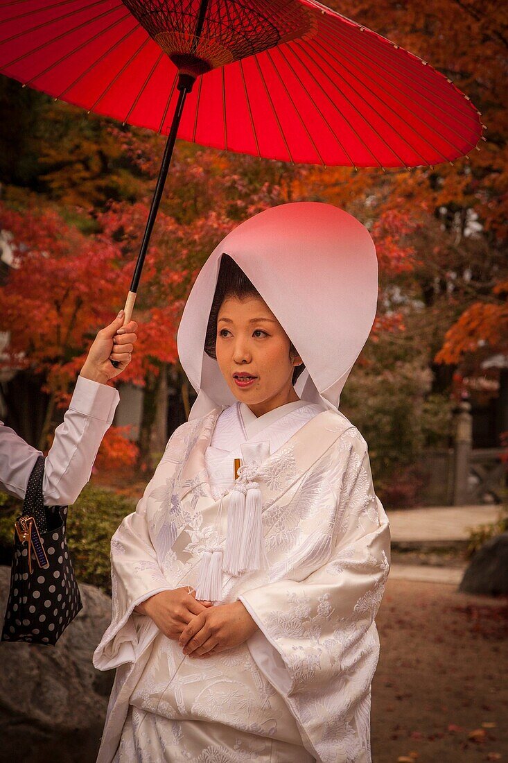 Bride under red umbrella before wedding ceremony, Shinto wedding, Matsumoto, Japan.