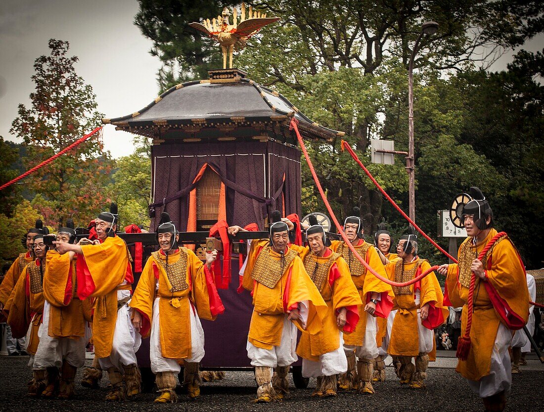 Tired from march in rain, Jidai Matsuri festival of the Ages parade Kyoto in autumn, Japan.