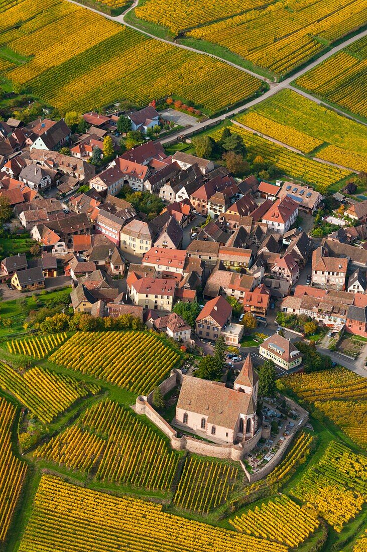 France, Haut Rhin 68, Wines road, village of Hunawihr, fortified church of Saint Jacques le Majeur aerial view