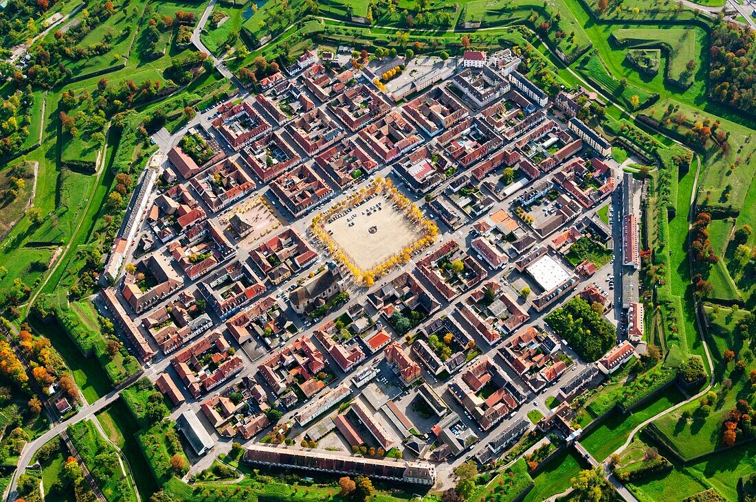 France, Haut Rhin 68, Neuf-Brisach town classified Unesco world heritage site, Town fortified desoigned by Vauban aerial view