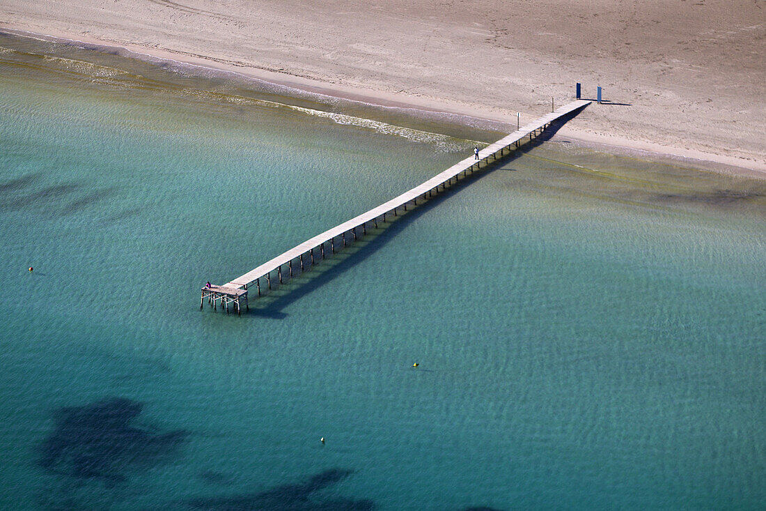 Aerial view of Pollença beach in winter, Mallorca, Balearic Island, Spain.