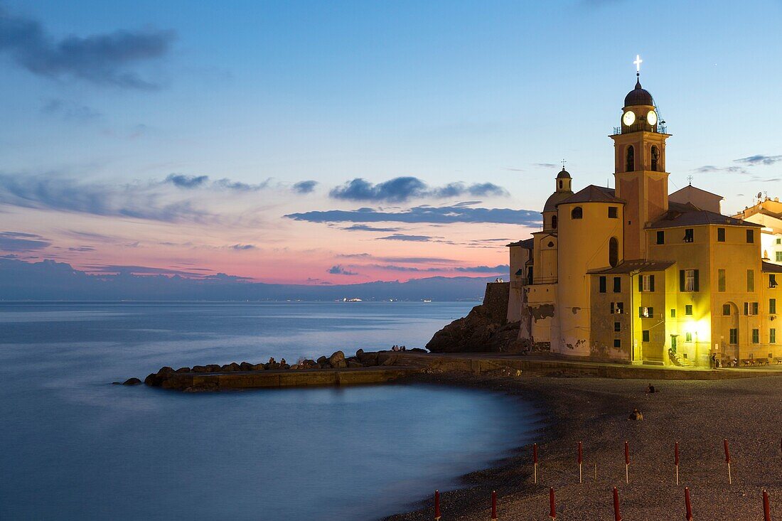 church and beach at night, Camogli, Liguria, Italy.