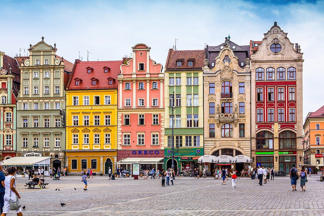 Beautiful, historical tenement houses at the Old Market Square in Wroclaw, Poland, Europe.