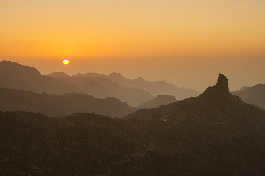 Sunset over Roque Bentaiga on Gran Canaria, Canary Islands, Spain.