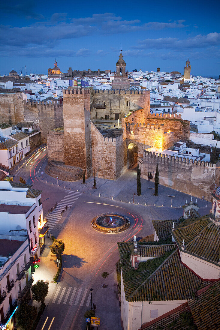 View of the Alcazar of Door of Seville from the bell tower of the Church of St Peter. Carmona, Seville, Andalusia, Spain, Europe.