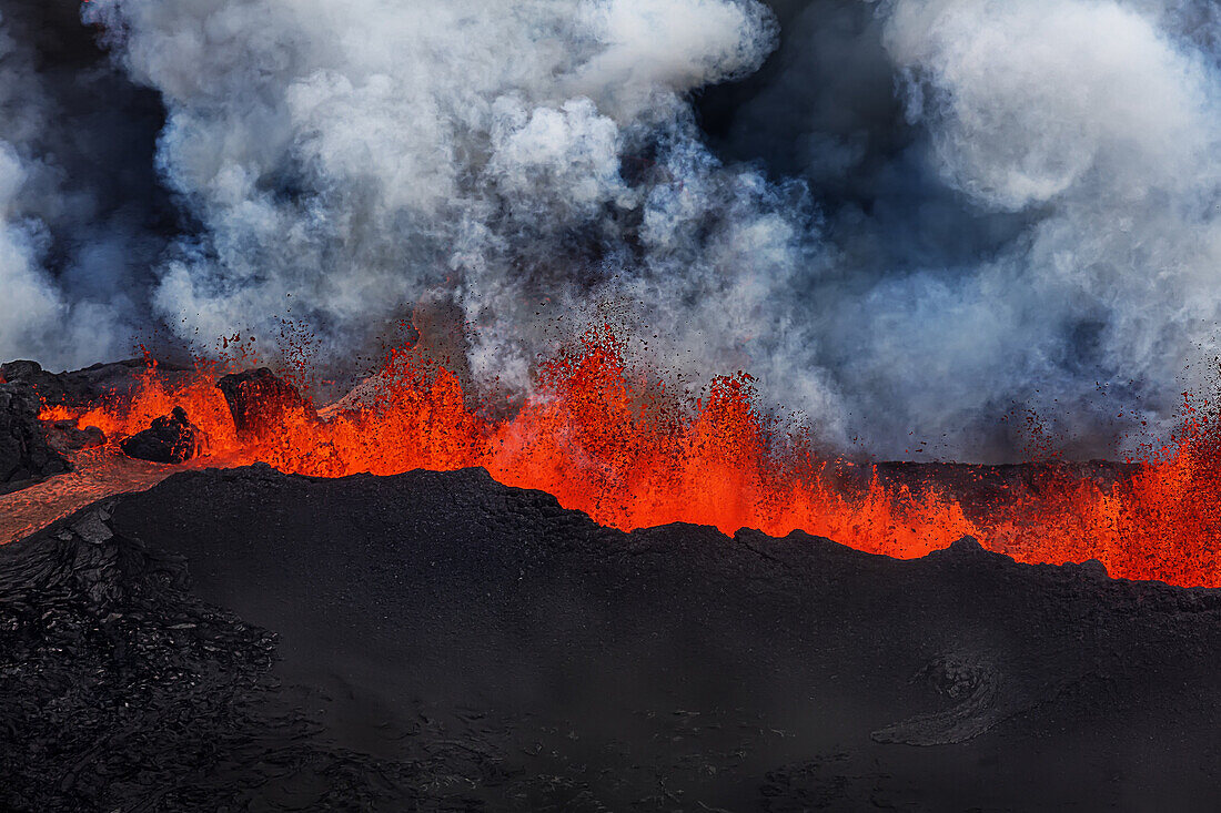 Lava fountains at Holuhraun Fissure eruption near Bardarbunga Volcano, Iceland. Picture Date- Sept. 2, 2014. On August 29, 2014, a fissure eruption started in Holuhraun at the northern end of a magma intrusion that had moved progressively north, from the 