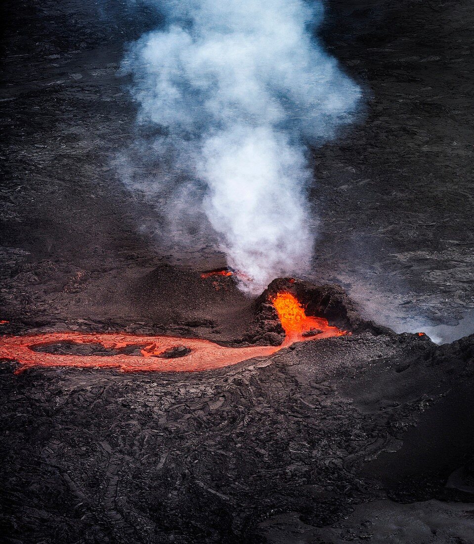 Lava and plumes from the Holuhraun Fissure by the Bardarbunga Volcano, Iceland.