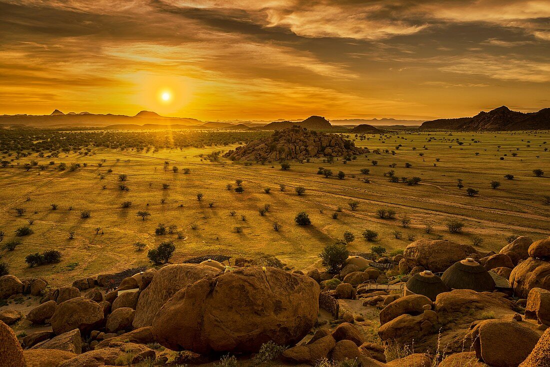 Sunset landscape by the Twyfelfontein Country Lodge, Namibia, Africa.