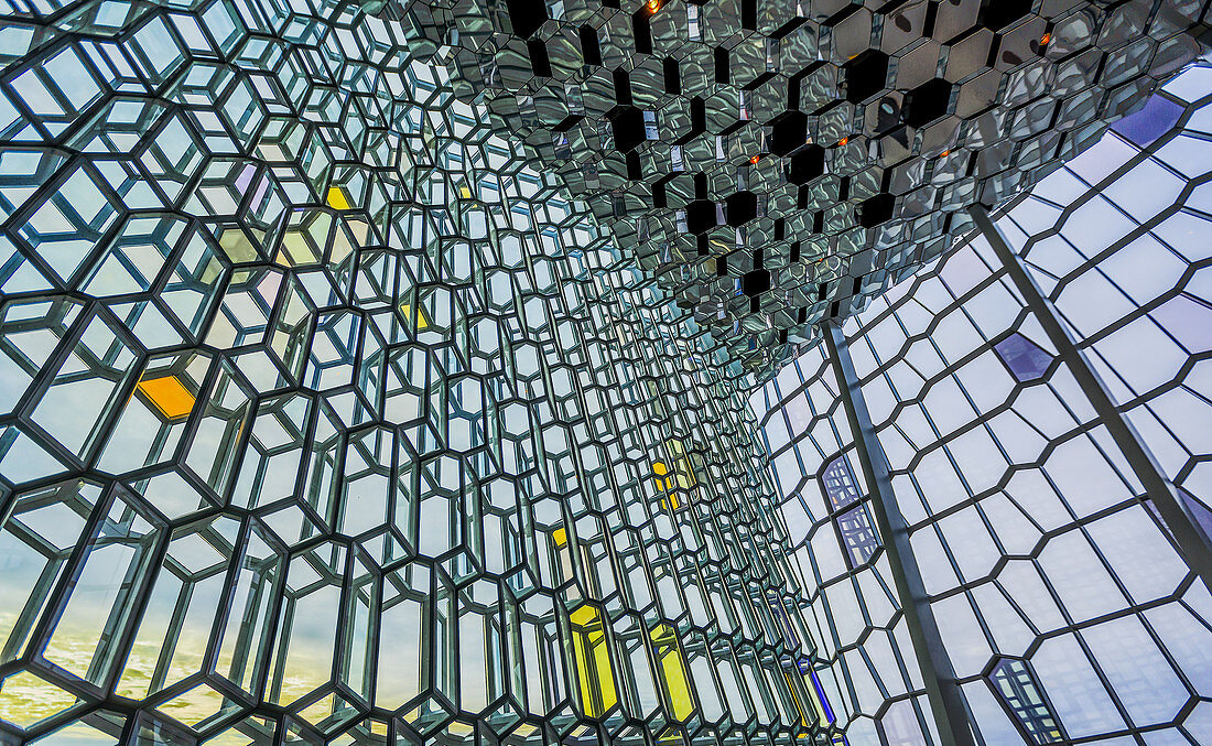 Interior of Harpa Concert and Conference Hall, Reykjavik, Iceland.