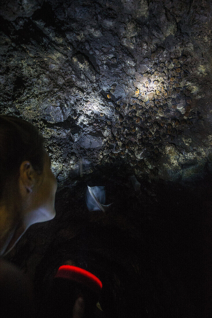 Junge Frau leuchtet in einer Höhle auf Fledermäuse, Sao Tome, Sao Tome und Príncipe, Afrika