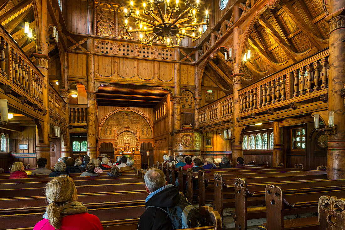 Hahnenklee, interior timber Stabe church, Lutheran, Norwegian copy, Harz Mountains, Lower Saxony, Germany