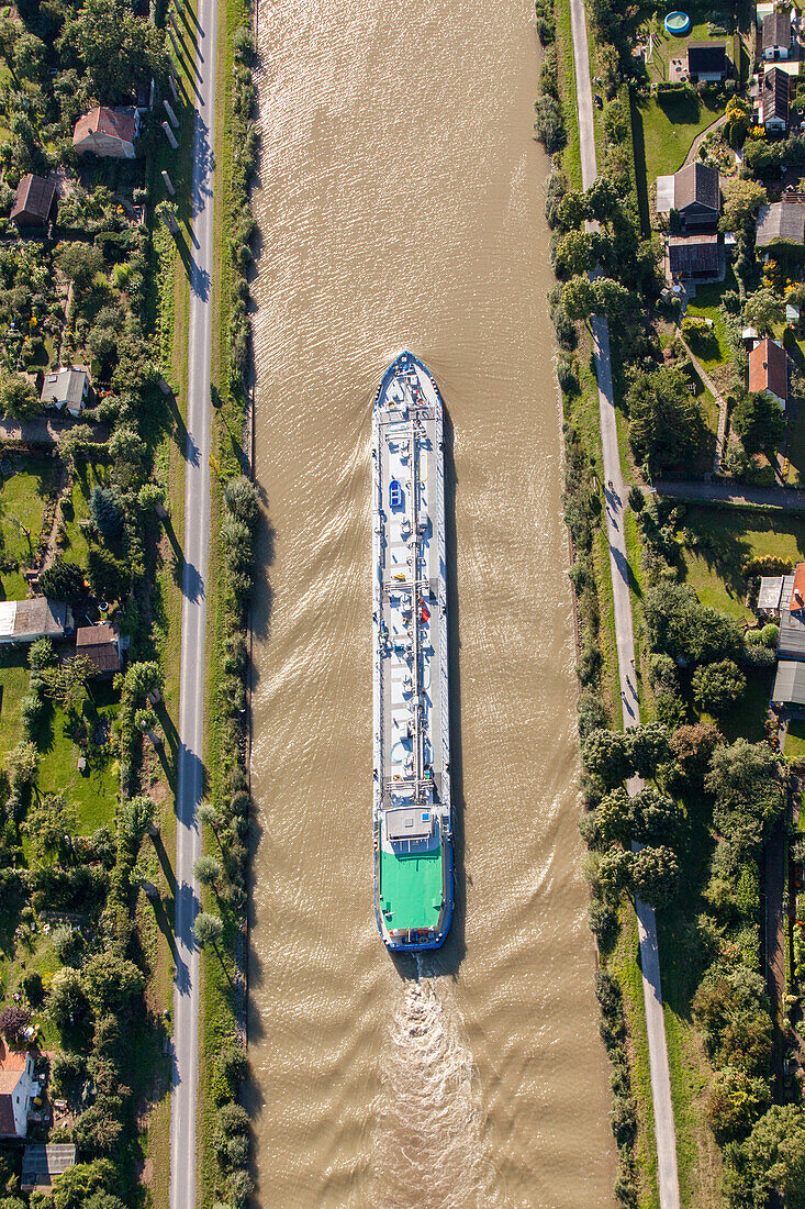 aerial, barge on Mittelland Canal, Midland Canal, near Hannover, Lower Saxony, Germany