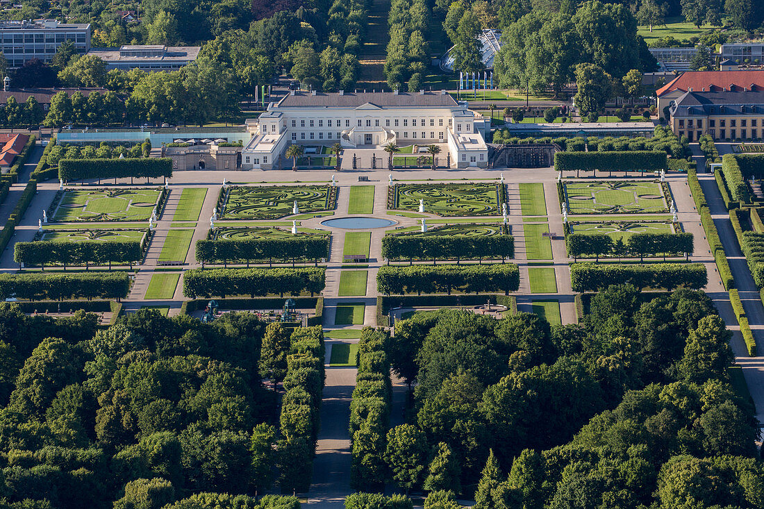 aerial, Herrenhausen Gardens, baroque garden, rebuilt summer residence, palace and museum, Hannover, Lower Saxony, Germany