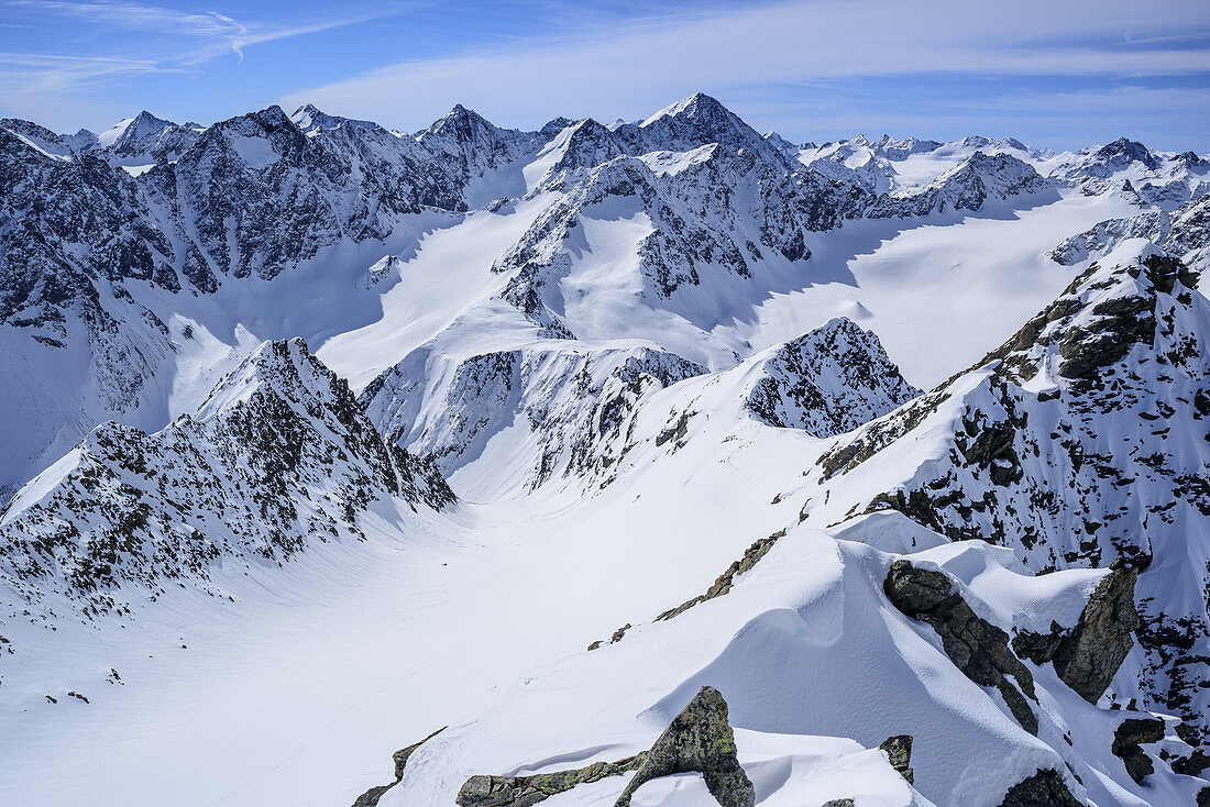 Blick auf Hinterer Brunnenkogel, Schrandele und Schrankogel, vom Hoher Seeblaskogel, Sellrain, Stubaier Alpen, Tirol, Österreich