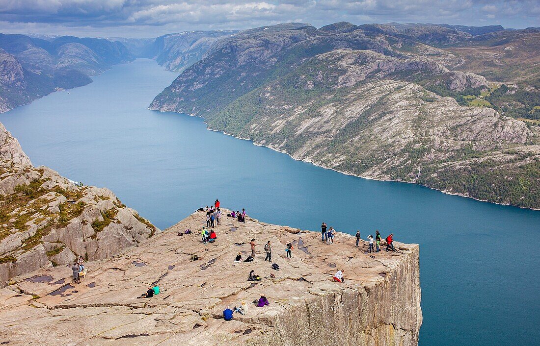 Preikestolen, Pulpit Rock, 600 meters over LyseFjord, Lyse Fjord, in Ryfylke district, Rogaland Region, It is the most popular hike in Stavanger area, Norway.