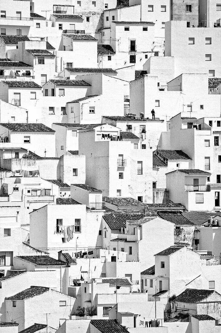 Houses seem to tumble down a steep hillside as if imitating a cubist painting, in the village of Casares, on the edge of the Sierra de Bermeja near Estepona in Southern Spain.