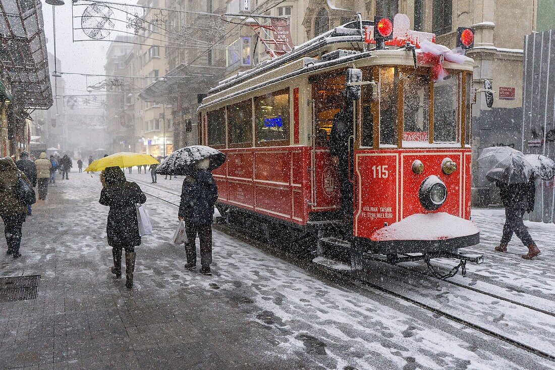 Taksim - Tunel tram in a winter snow storm. Istiklal Caddesi, Beyoglu, Istanbul, Turkey,.