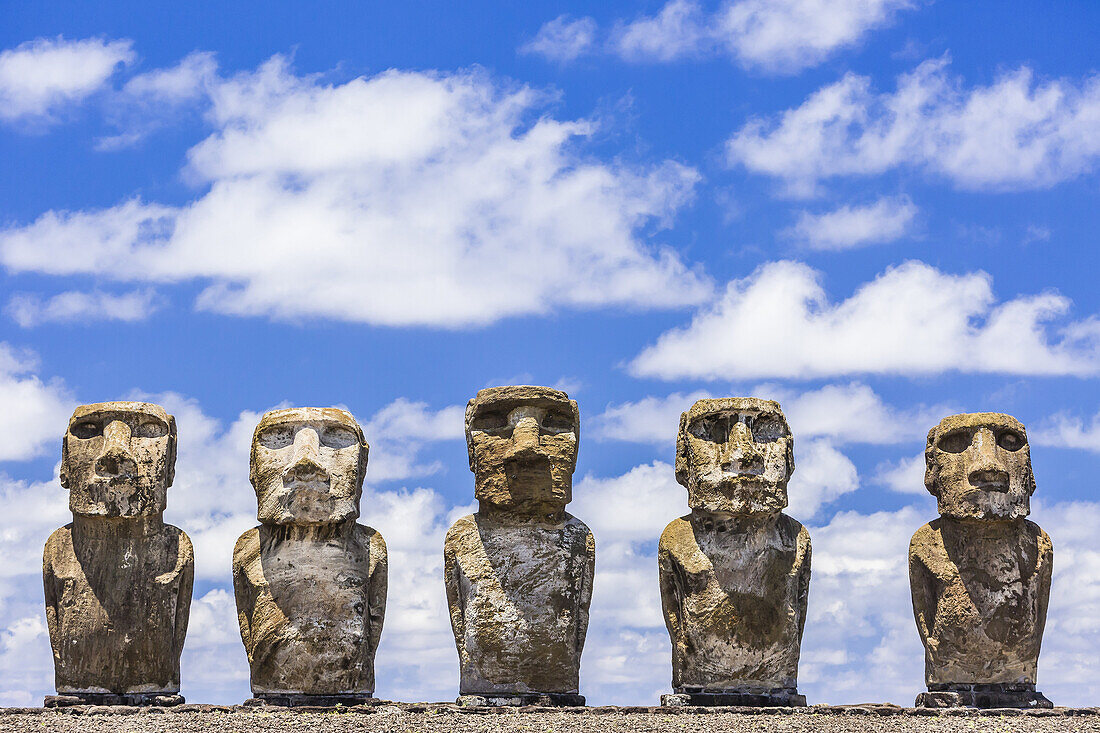 Details of moai at the 15 moai restored ceremonial site of Ahu Tongariki on Easter Island (Isla de Pascua, Rapa Nui), Chile.