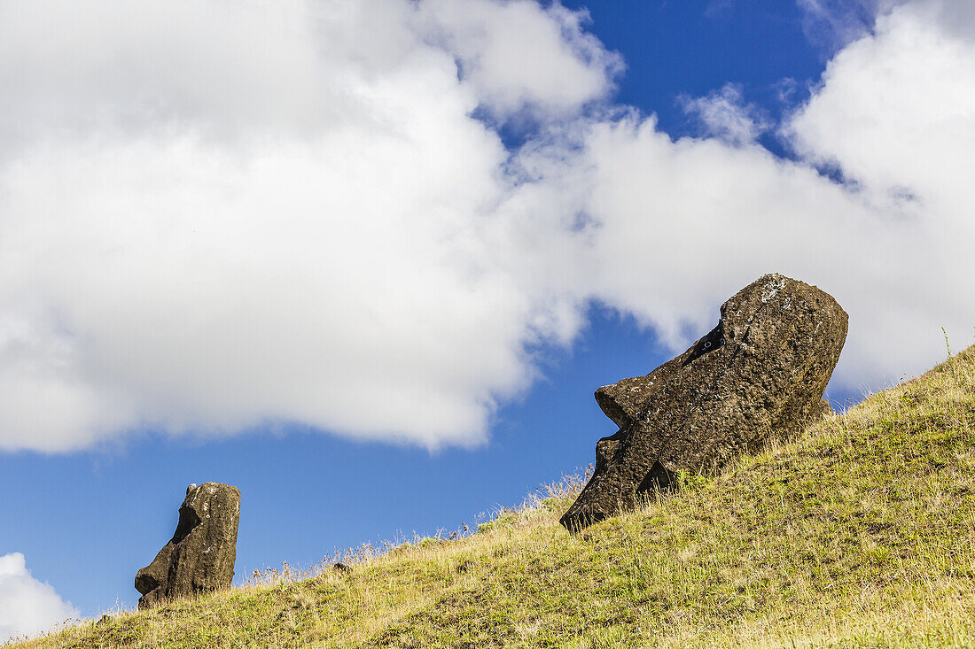 Rano Raraku, the quarry site for all moai statues on Easter Island (Isla de Pascua, Rapa Nui), Chile.
