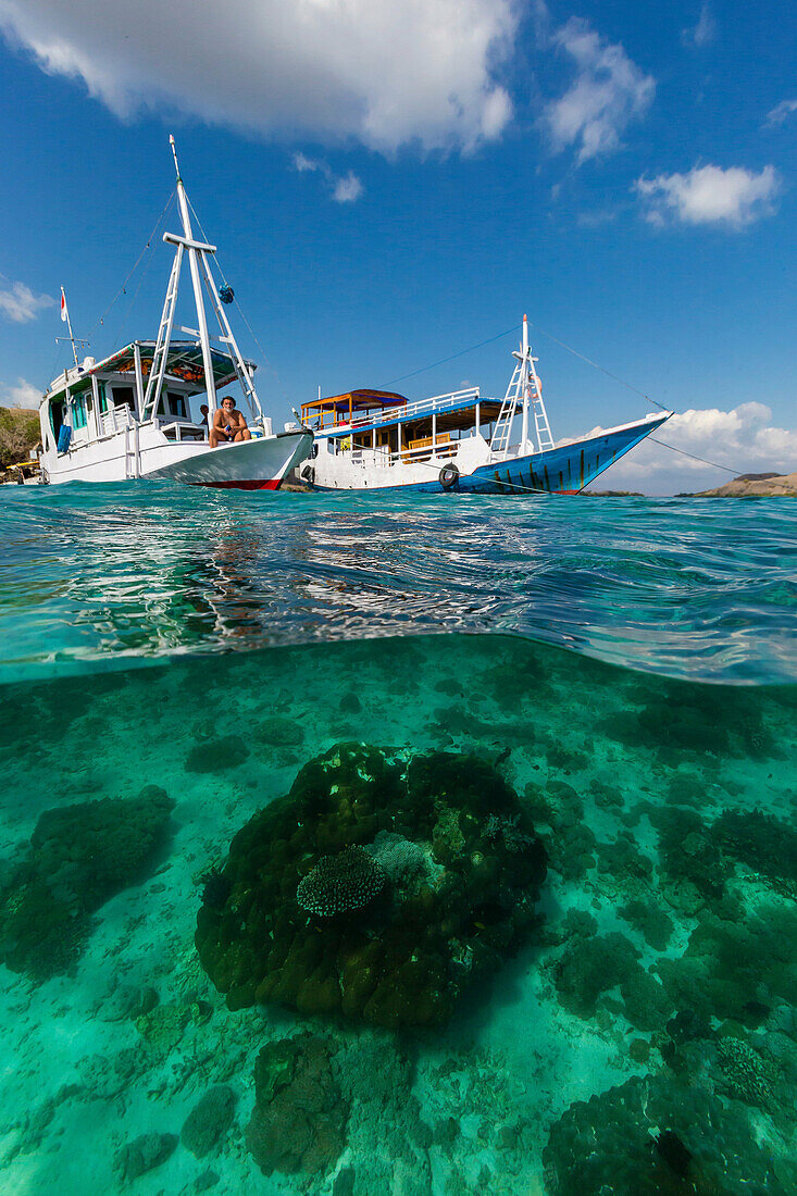 Local tourist boats anchored over underwater reef system on pink sand beach, Komodo National Park, Komodo Island, Indonesia.