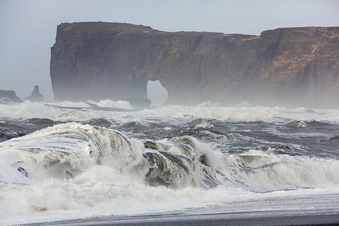 North Atllantic coast near Vik y Myrdal during winter. View towards the natural arch Dyrholaey. europe, northern europe, iceland, February.