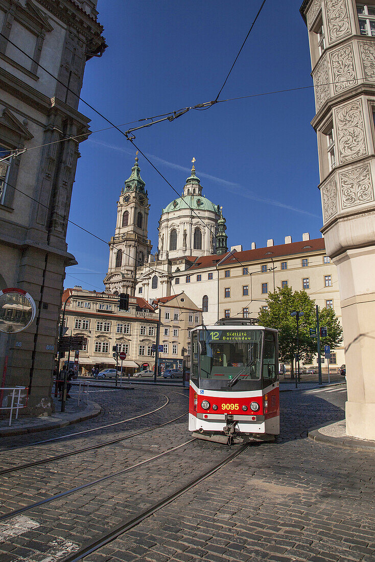 'St Nicholas Church; Mala Strana Square with Tram; Prague, Czech Republic.'