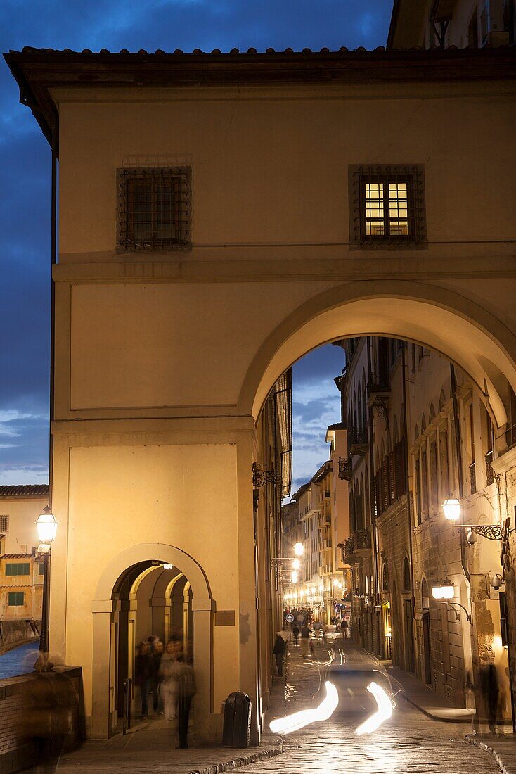 Via dei Georgofili and Ponte Vecchio Bridge, Florence, Italy Illuminated at Night.