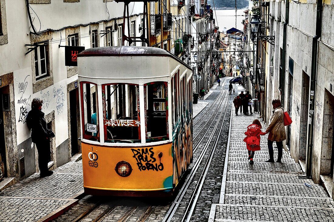 Bica cable car in Bairro Alto in the morning, Lisbon. Portugal.