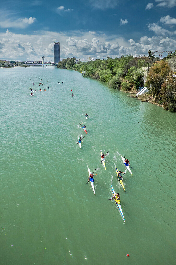 Kayakers race in Guadalquivir river, Seville, Andalusia, Spain.