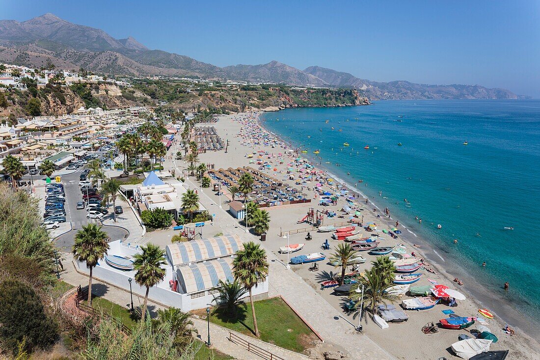 Nerja, Costa del Sol, Malaga Province, Andalusia, southern Spain. Burriana beach seen from gardens of the Parador Nacional.