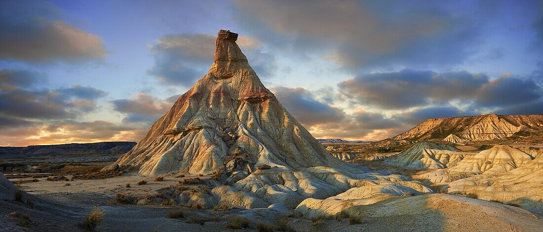 Castildeterra rock formation in the Bardena Blanca area of the Bardenas Riales Natural Park, Navarre, Spain.